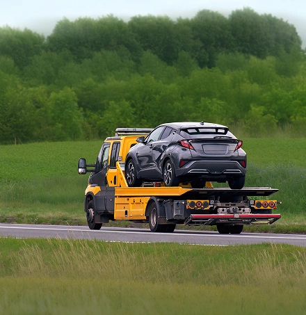 Żółta laweta przewozi czarny samochód po wiejskiej drodze, a w tle widać bujne zielone pola i gęste drzewa, co tworzy spokojną scenę pomocy drogowej